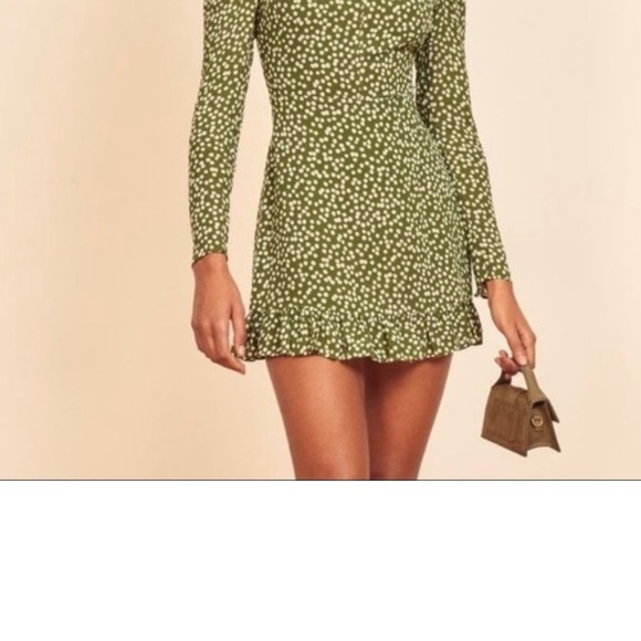 Reformation Marcy Green White Long Sleeve Tie Neck Dot Print Mini Dress - Picture 3 of 3